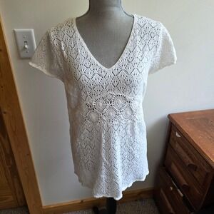 White Pointelle Crochet Empire Waist Top Womens 2X Boho Beach Prarie Soft Girl